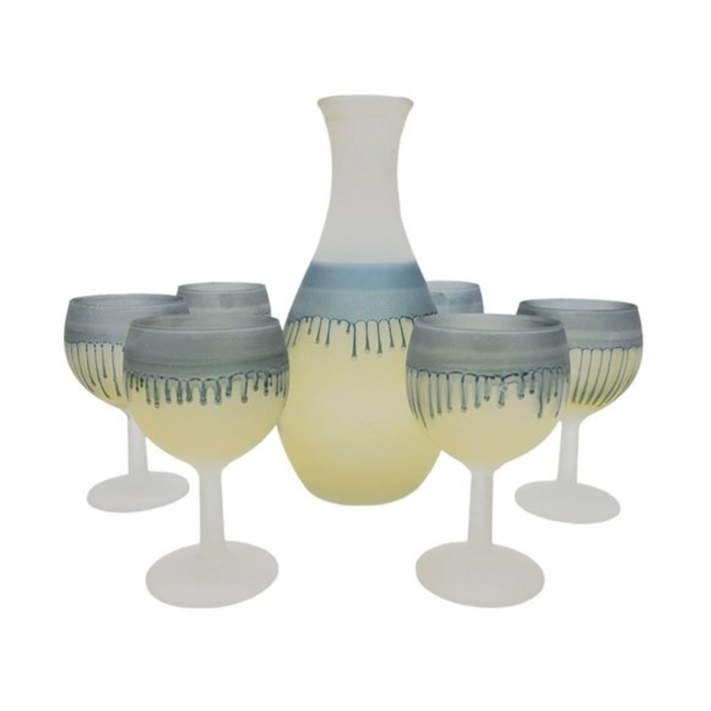 MCM French Drip Glass Carafe Decanter & 6x Small Wine Glasses Blue Yellow Handma